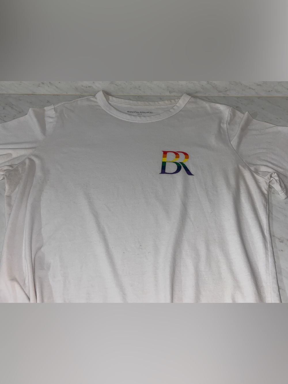 Banana Republic White Crewneck Tee with Rainbow BR Logo
